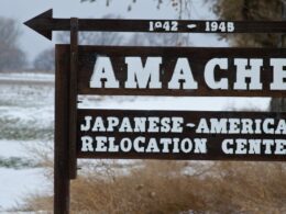 Image of the sign for the Amache Japanese-American Relocation Center in Colorado