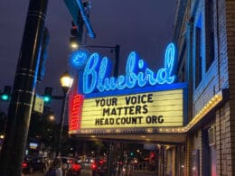 Image of Bluebird Theater's illuminated sign in Denver, Colorado