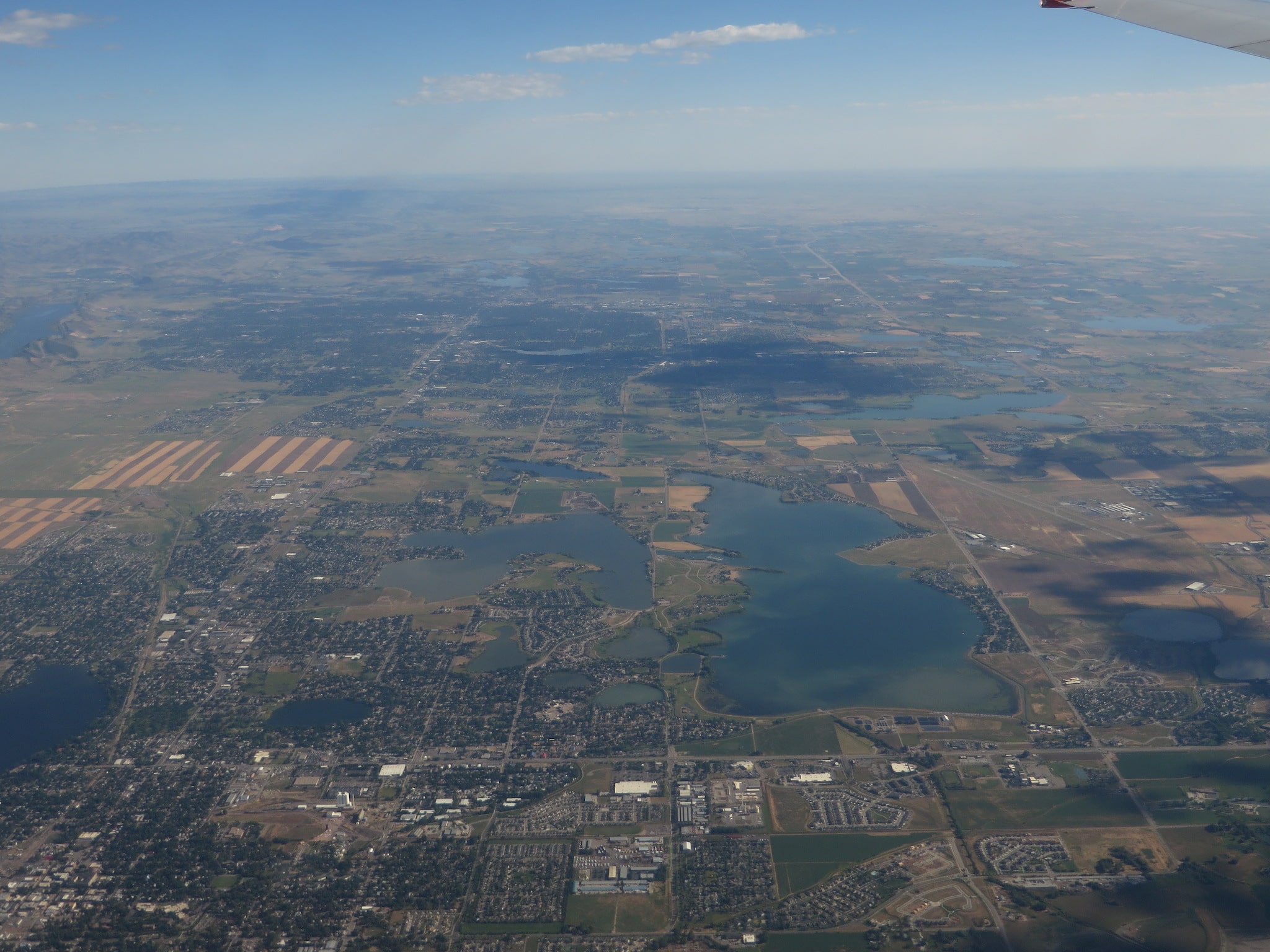 A birds-eye view of the patchwork of lakes and reservoirs near Loveland, Colorado.