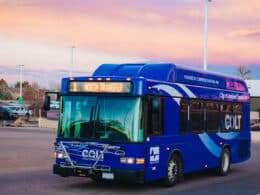 Blue City of Loveland Transit (COLT) bus driving on a road. Sky is orange and purple with a sunset