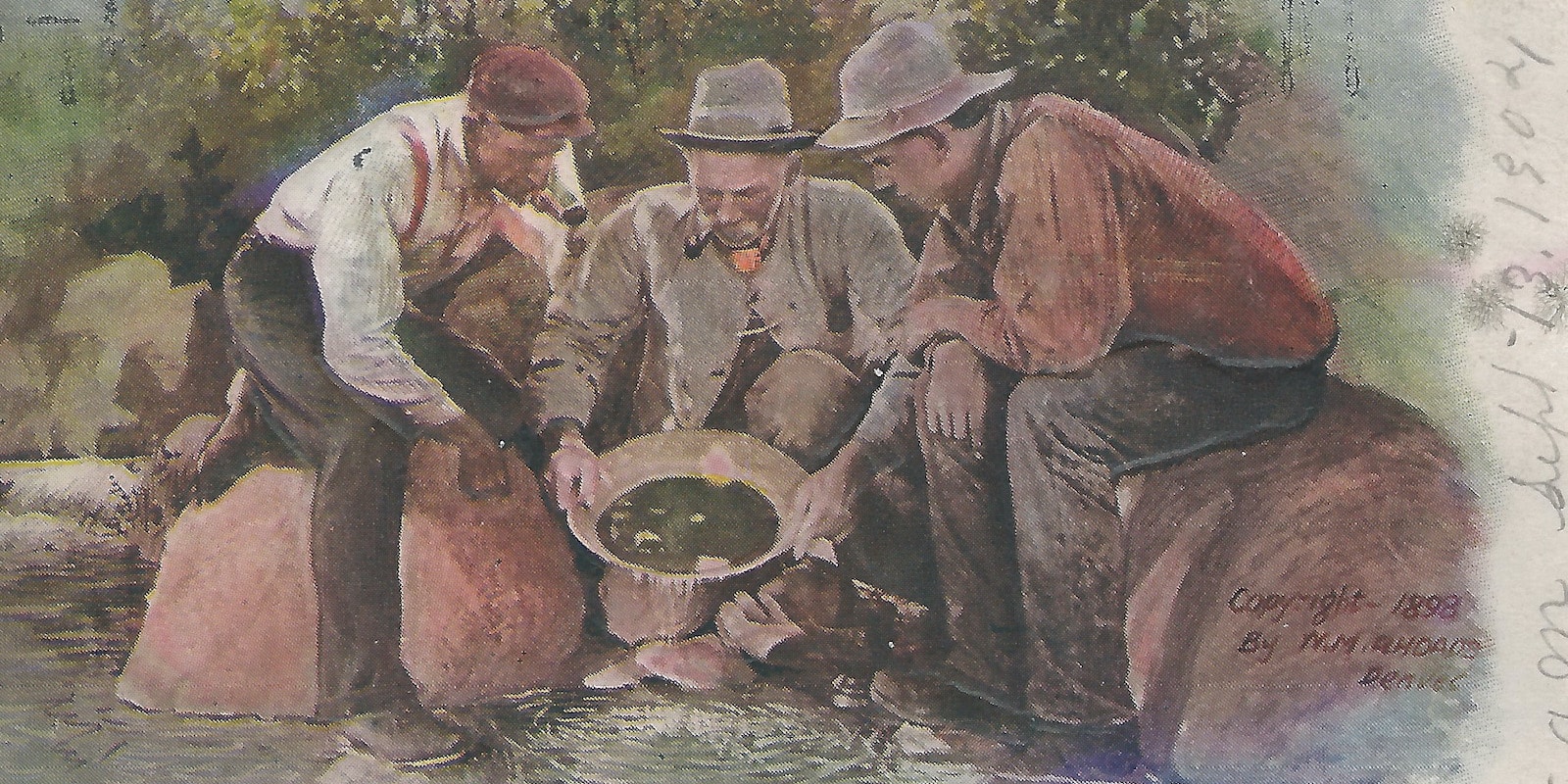 3 men gold panning in river in Cripple Creek, CO 1904