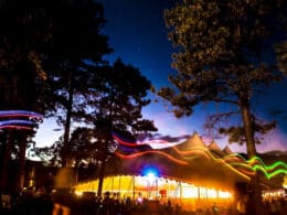 Image of the tent at night at the Four Corners Folk Festival in Pagosa Springs, Colorado