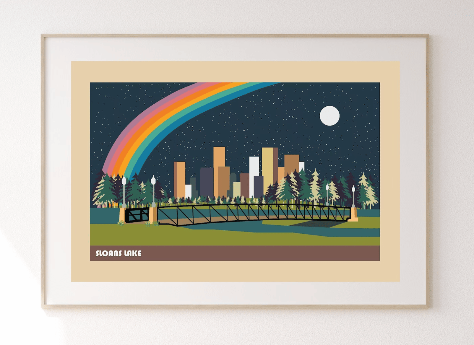 Hanging print of the Denver skyline with a rainbow